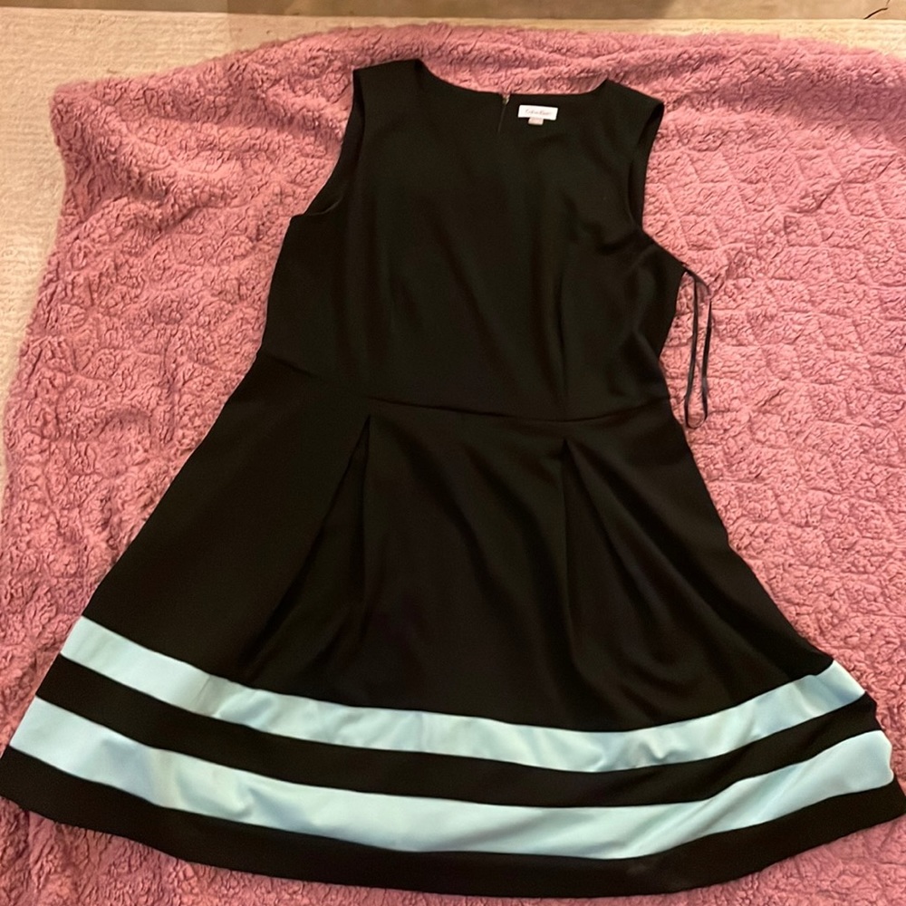 Calvin Klein Sleeveless Little Black Dress with Teal Stripes